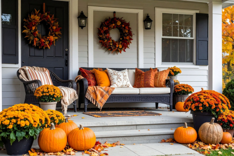 porch filled with pumpkins and fall decor